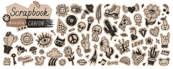 Music psychedelic stickers. Groovy retro scrapbook. Disco rock punk grafitti Icon. Cutout collage, 60s 70s graffiti pattern. Psychedelic flower peace heart paper sticker. Groovy disco music tattoo bg