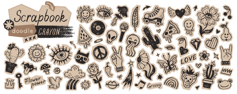 Music psychedelic stickers. Groovy retro scrapbook. Disco rock punk grafitti Icon. Cutout collage, 60s 70s graffiti pattern. Psychedelic flower peace heart paper sticker. Groovy disco music tattoo bg