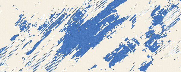 Grainy blue bold brush stroke with spray texture. Hand drawn distress damaged edge vintage template, banner.