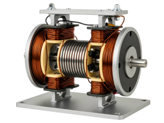 Industrial electric motor with visible internal copper coils on a transparent background