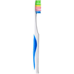 A close up of a toothbrush with colorful bristles for dental care and oral hygiene routine product shot