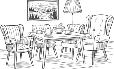 Cozy dining room sketch, black and white interior, tea table illustration, home decor drawing, vintage furniture, line art scene