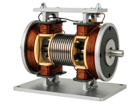 Industrial electric motor with visible internal copper coils on a transparent background