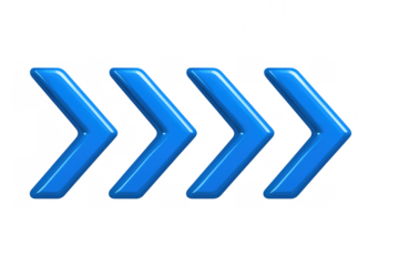 Blue glossy 3d chevrons moving forward, indicating next direction, fast progression, transparent background