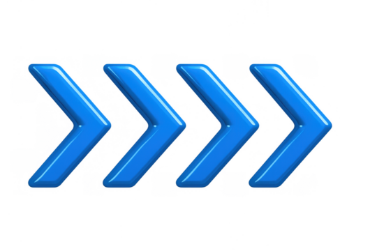 Blue glossy 3d chevrons moving forward, indicating next direction, fast progression, transparent background