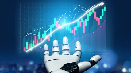A futuristic robot hand interacts with a digital stock market chart showcasing analytical trends, highlighting innovation in finance and technology sectors. Copula - Powered by Adobe