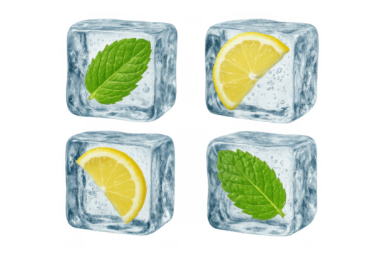 Refreshing ice cubes containing lemon slices and mint leaves, chilling drinks and adding flavor, isolated with transparent background