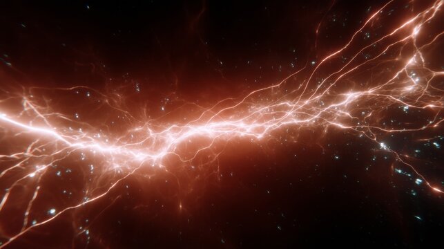 A dynamic display of glowing electric energy in vibrant red and orange hues. This abstract art captures lightning-like movements in a cosmic setting. Perfect for tech and science themes. AI
