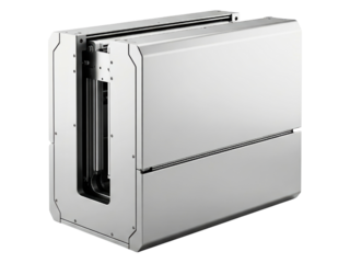 Futuristic industrial machine part with a clean metal housing on a transparent background