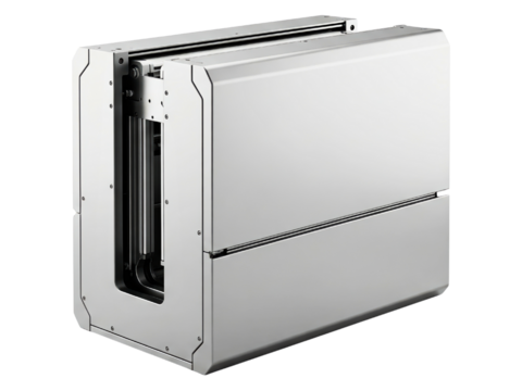 Futuristic industrial machine part with a clean metal housing on a transparent background