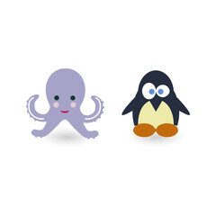Cartoon Octopus and Penguin Icons Cute Aquatic Animals, Sea Creatures, and Bird Life