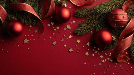 Festive Christmas Decor With Red Ornaments, Glitter Stars, And Ribbon On Red Background For Holiday Celebration