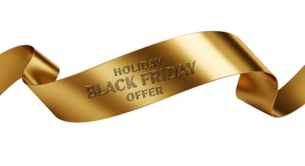 Golden ribbon with text holiday black friday offer embossed, isolated on transparent background