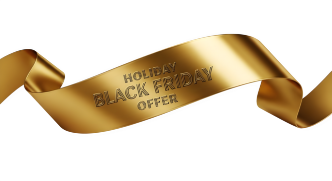 Golden ribbon with text holiday black friday offer embossed, isolated on transparent background