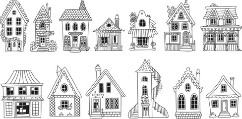 Whimsical house illustrations, black and white sketch, hand-drawn buildings, cartoon architecture, fantasy homes, doodle art, creative design, line drawing