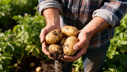 Farmer's hands holding freshly harvested potatoes covered in soil. Agriculture and organic farming concept in a sunlit field