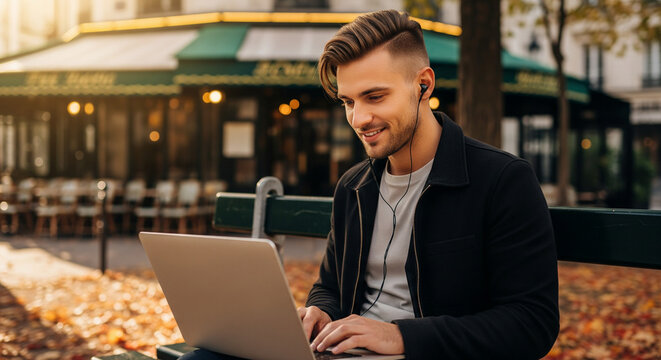 Un jeune homme freelance travaille sur son ordinateur portable sur un banc, ambiance automnale