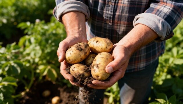 Farmer's hands holding freshly harvested potatoes covered in soil. Agriculture and organic farming concept in a sunlit field - Powered by Adobe