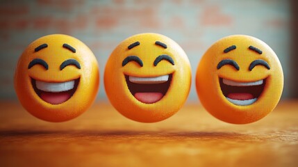 Three smiling emoji faces rest on a wooden surface, spreading joy and positivity