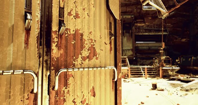 A dilapidated industrial location showcases peeling paint and rusted surfaces. Abandoned machinery lies scattered around, illustrating years of neglect and disrepair in the atmosphere.