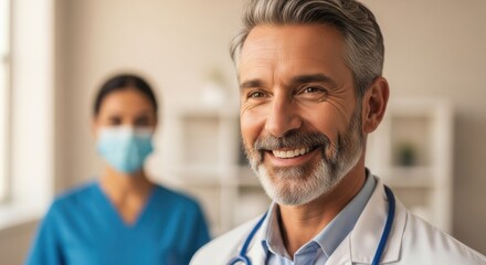 Healthcare professionals smiling in a medical office during a consultation with patients and colleagues