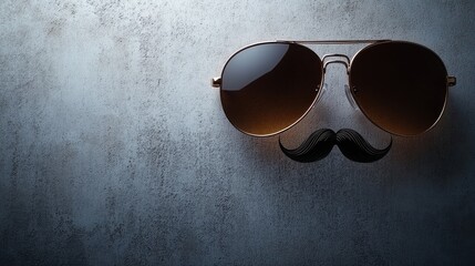 Classic sunglasses with a fun mustache design sit against a gritty gray surface
