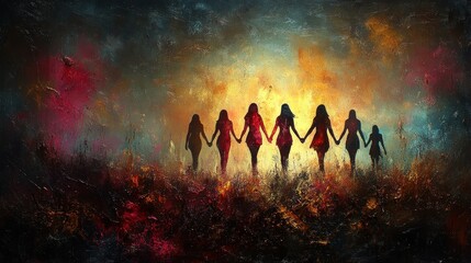 Women holding hands in silhouette at sunset, symbolizing unity and strength