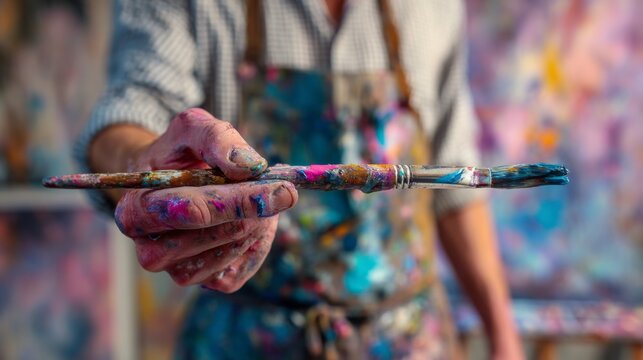 Colorful Paintbrush in Hand Surrounded by Artistic Splashes of Color in Creative Studio Environment - Powered by Adobe