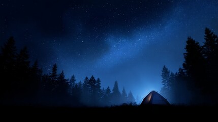 A serene night in nature with a glowing tent under the starry sky. The dark forest surrounds the campsite. Perfect for adventure lovers and campers. Enjoy the peace of the wilderness. AI