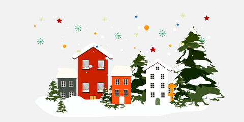 Fototapeta premium Snow-Covered Christmas Village with Pine Trees