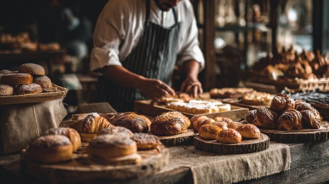 Freshly Baked Pastries Arranged Neatly by a Baker in a Rustic Bakery Setting