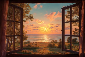 Fototapeta premium Rustic wooden window frame, scenic ocean sunset view, golden hour coastal landscape painting