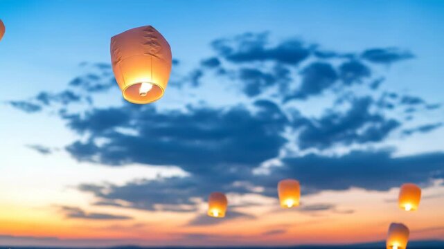 Sky lanterns flying into twilight sky over cityscape illuminated lights