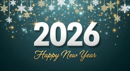 Happy new year 2026 with falling snowflakes and bokeh lights