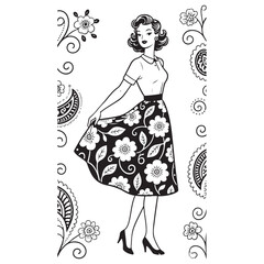 Retro Woman Fashion Illustration with Floral Skirt and Curls