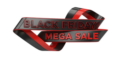 Black friday mega sale ribbon banner text, isolated on transparent background