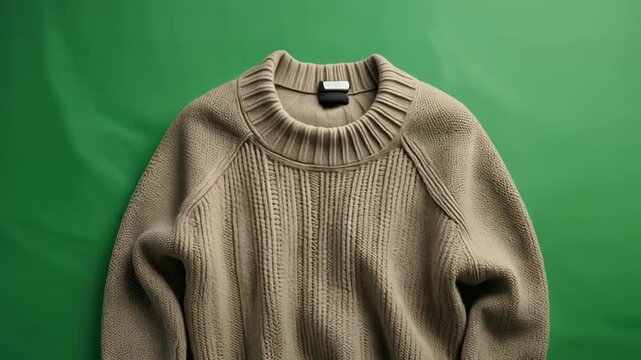 Close-up overhead shot of a ribbed beige knit sweater with raglan sleeves and a crew neck, displayed on a vibrant green background.