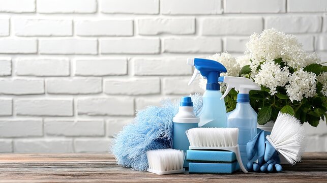 Various blue cleaning supplies laid out, including sponges and gloves, ready for household cleaning activities and chores