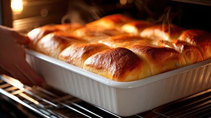 Cooking is in progress as a woman focuses on the oven, appreciating the delicious scents and warmth filling the modern kitchen