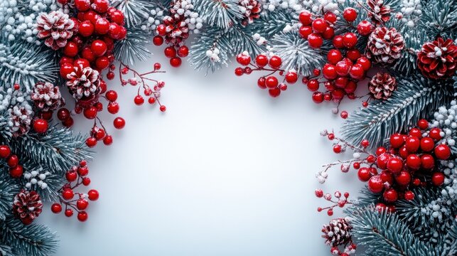 Frosted pine branches and red berries form a beautiful winter border for holiday joy