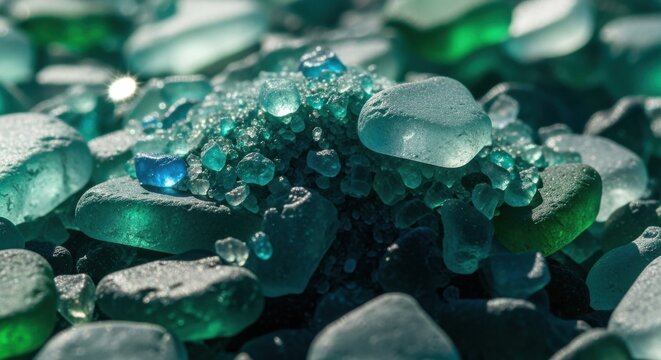 Colorful sea glass glistens under sunlight on a sandy beach in a coastal environment - Powered by Adobe