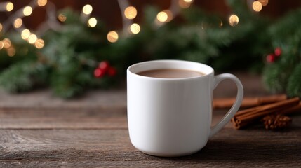 A cozy cup of hot drink sits on a rustic wooden table. Soft bokeh lights add warmth to the ambiance. Perfect for winter gatherings and festive moments. AI