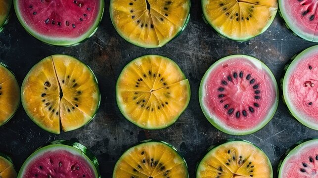 Fresh, bright watermelon slices arranged neatly, showcasing yellow and pink hues