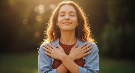 Woman practicing mindfulness in a serene outdoor setting during sunset, embracing tranquility and self-connection