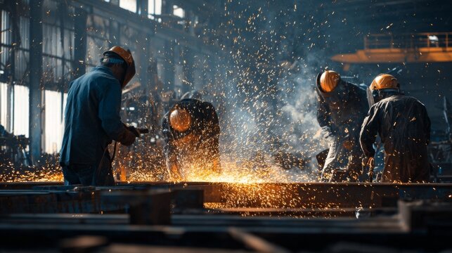 Team of Workers Cutting Through Steel Beams with Oxy-Acetylene Torch Sparking in Industrial Workshop