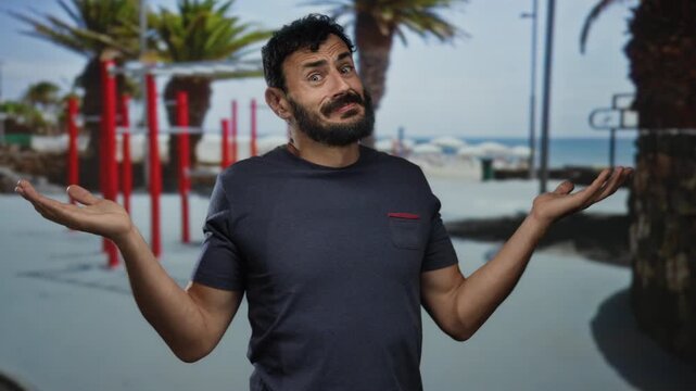 Hispanic man with beard expressing confusion on a beach promenade with palm trees and ocean in the background.