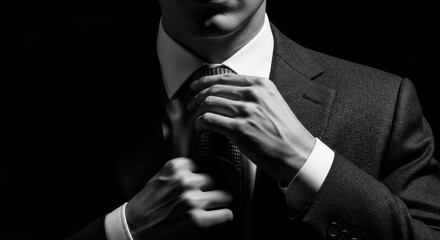 Man adjusting tie in formal attire, captured in black and white with focused lighting on hands and face