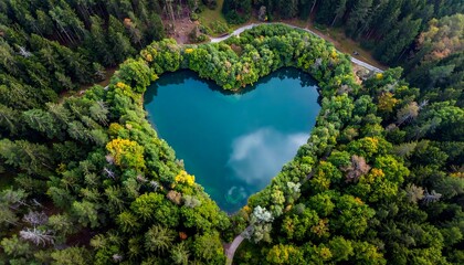 Aerial shot Heart-shaped lake nested in a dense forest, displaying serene turquoise waters and lush greenery