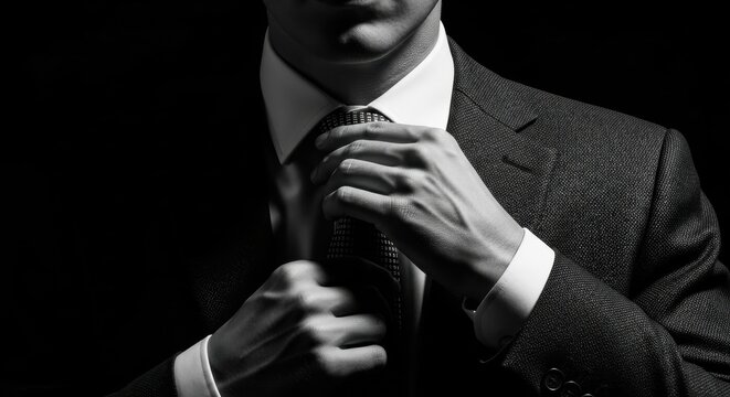 Man adjusting tie in formal attire, captured in black and white with focused lighting on hands and face