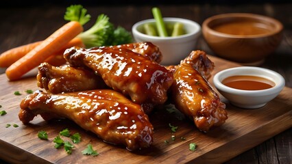 Glazed barbecue chicken wings with honey sauce and fresh vegetables on rustic wooden board